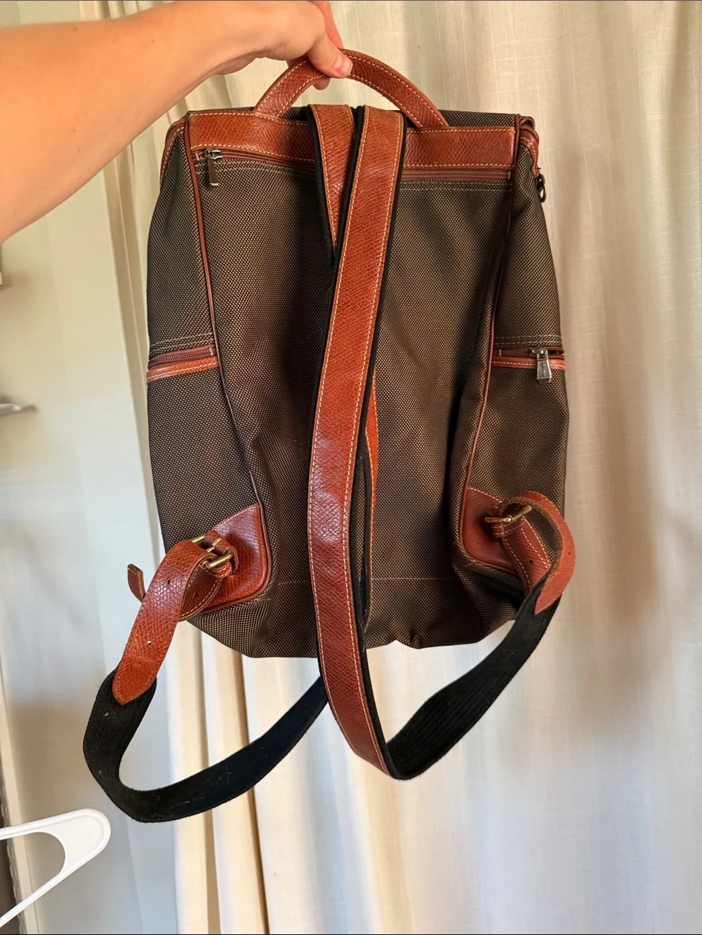 Vintage Longchamp Classic Brown Nylon Backpack with Leather Trim